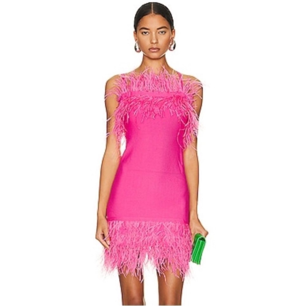 STAUD Vibrant Pink Feathered Mini Dress